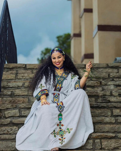 Ageless Habesha Look with Gondar Draping Embroidery Design - Traditional Ethiopian Dress - EthGebya