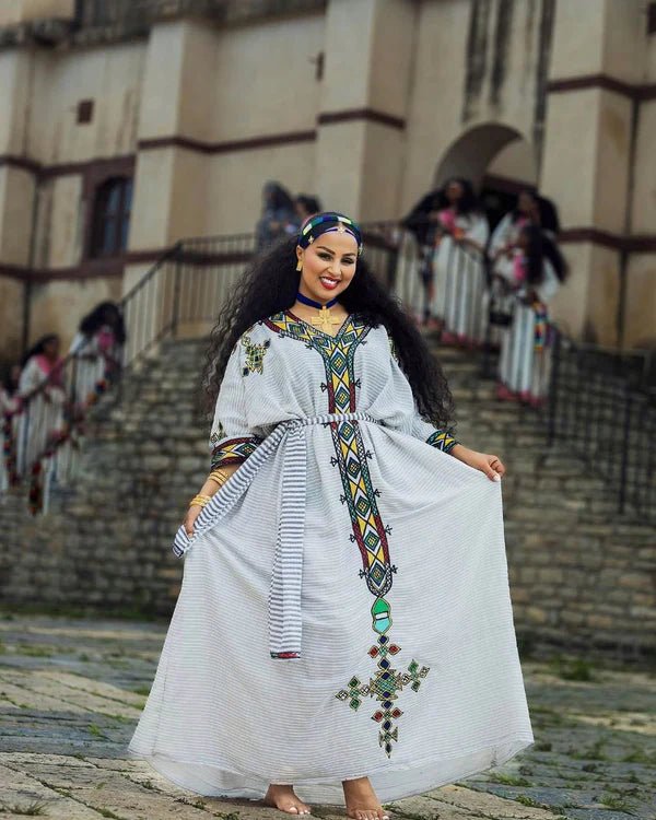 Ageless Habesha Look with Gondar Draping Embroidery Design - Traditional Ethiopian Dress - EthGebya