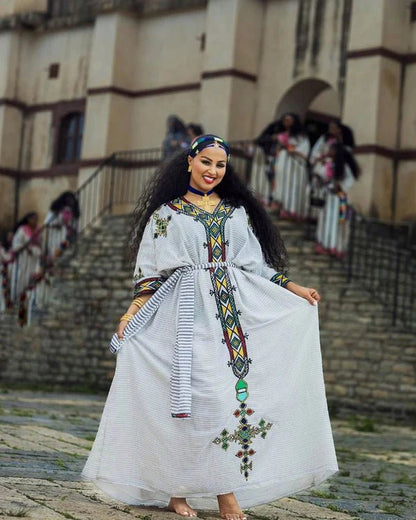 Ageless Habesha Look with Gondar Draping Embroidery Design - Traditional Ethiopian Dress - EthGebya