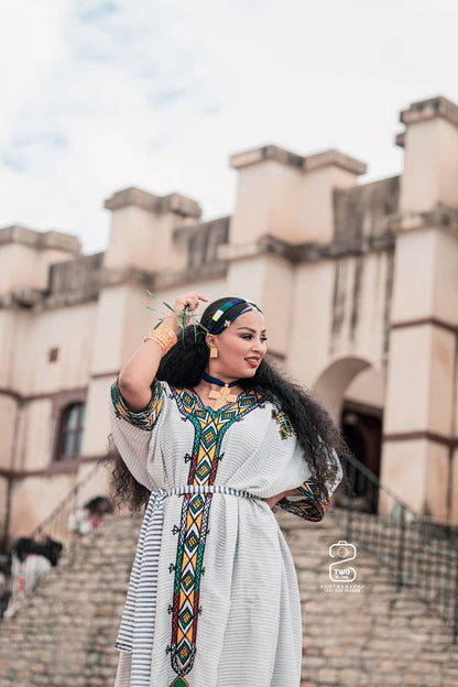 Ageless Habesha Look with Gondar Draping Embroidery Design - Traditional Ethiopian Dress - EthGebya