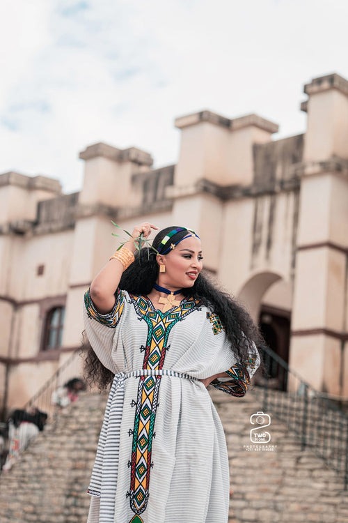 Ageless Habesha Look with Gondar Draping Embroidery Design - Traditional Ethiopian Dress - EthGebya