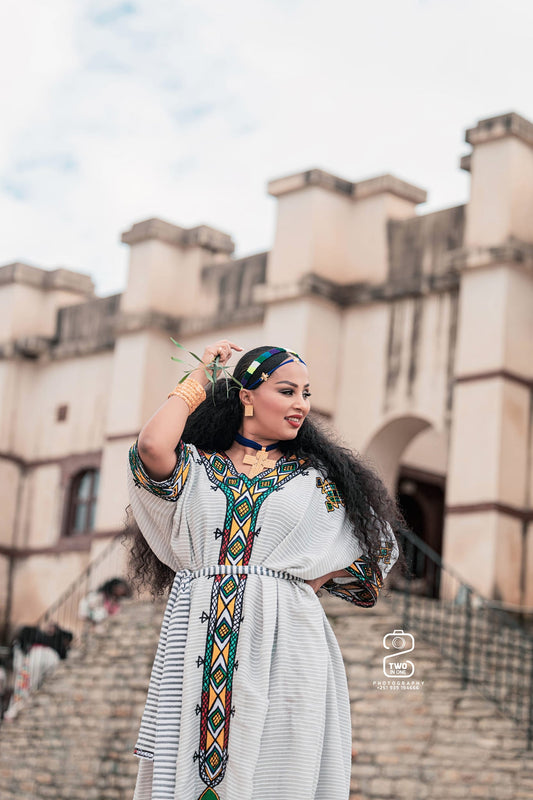 Ageless Habesha Look with Gondar Draping Embroidery Design - Traditional Ethiopian Dress - EthGebya