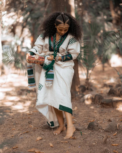 Green Gondar Habesha Kemis | Free-Size Modern Ethiopian Dress