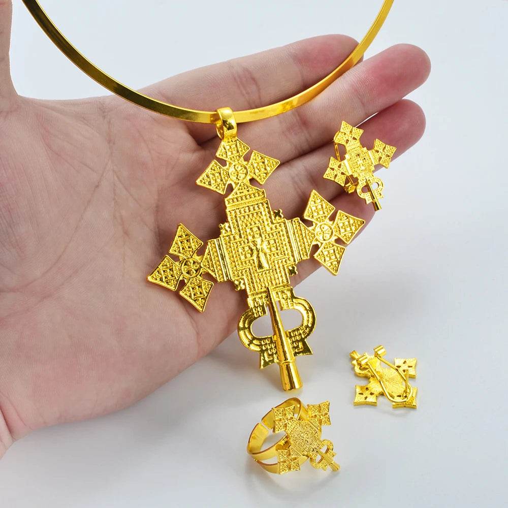 Anniyo African Silver/Gold Color Big Cross Round Chokers Earrings Resizable Ring Jewelry Sets Ethiopian Eritrean Habesha 333806 - EthGebya