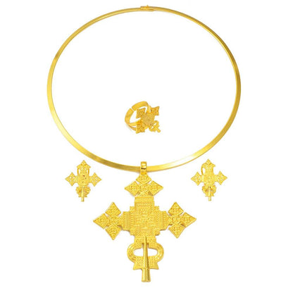 Anniyo African Silver/Gold Color Big Cross Round Chokers Earrings Resizable Ring Jewelry Sets Ethiopian Eritrean Habesha 333806 - EthGebya