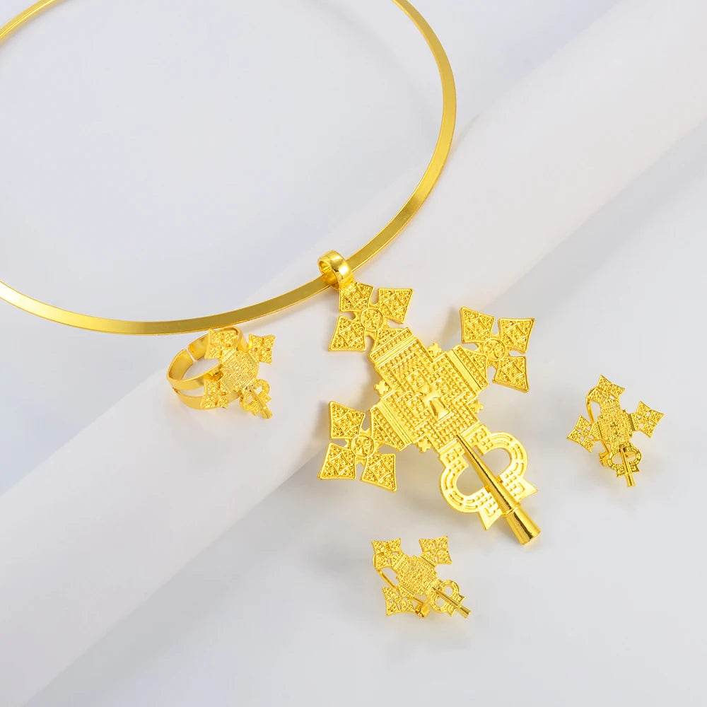 Anniyo African Silver/Gold Color Big Cross Round Chokers Earrings Resizable Ring Jewelry Sets Ethiopian Eritrean Habesha 333806 - EthGebya