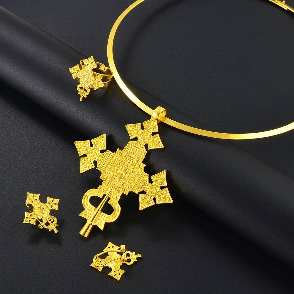 Anniyo African Silver/Gold Color Big Cross Round Chokers Earrings Resizable Ring Jewelry Sets Ethiopian Eritrean Habesha 333806 - EthGebya