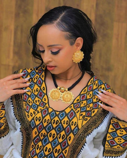 Axum Fetil Habesha Kemis | Dark Elegant Ethiopian Traditional Dress - EthGebya