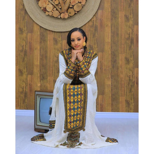 Axum Fetil Habesha Kemis | Dark Elegant Ethiopian Traditional Dress - EthGebya
