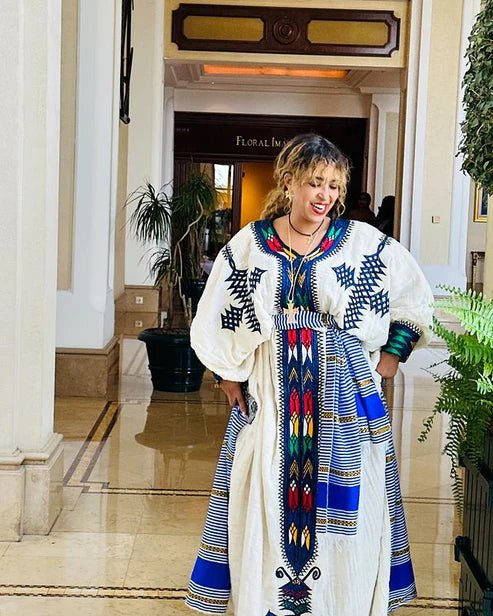 Blue Gondar Habesha Dress – Colorful Ethiopian Traditional Kemis - EthGebya