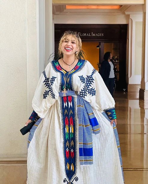 Blue Gondar Habesha Dress – Colorful Ethiopian Traditional Kemis - EthGebya