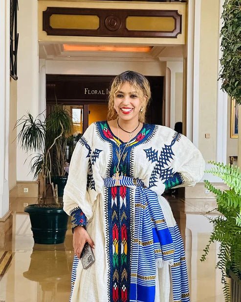 Blue Gondar Habesha Dress – Colorful Ethiopian Traditional Kemis - EthGebya
