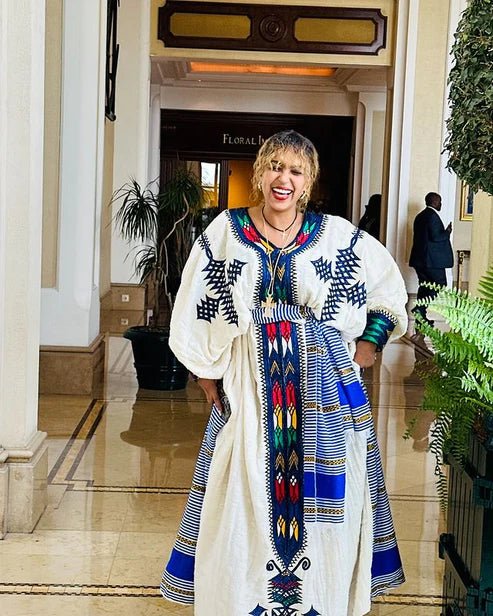Blue Gondar Habesha Dress – Colorful Ethiopian Traditional Kemis - EthGebya