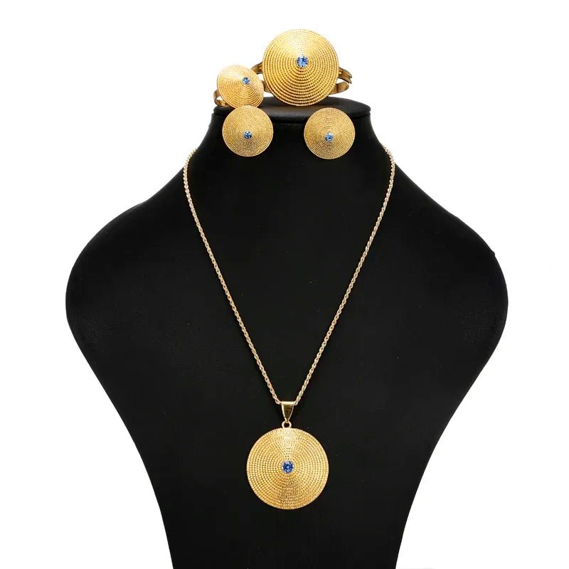 Blue Stone Jewelry Set | Gold & Silver Ethiopian Habesha Style - EthGebya