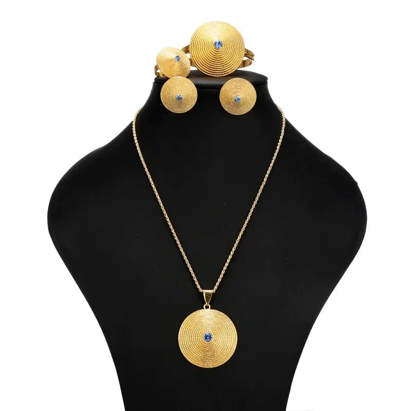 Blue Stone Jewelry Set | Gold & Silver Ethiopian Habesha Style - EthGebya