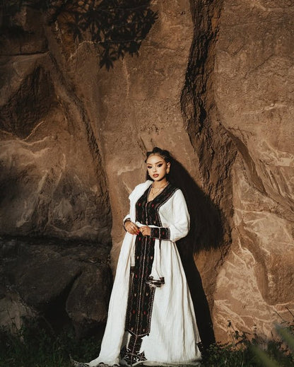 Elegant Black Axum Habesha Dress | Embroidered Ethiopian & Eritrean Dress - EthGebya