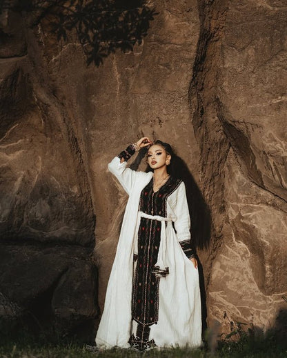 Elegant Black Axum Habesha Dress | Embroidered Ethiopian & Eritrean Dress - EthGebya