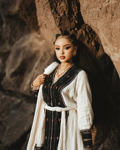 Elegant Black Axum Habesha Dress | Embroidered Ethiopian & Eritrean Dress - EthGebya