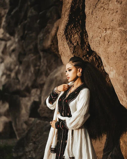 Elegant Black Axum Habesha Dress | Embroidered Ethiopian & Eritrean Dress - EthGebya