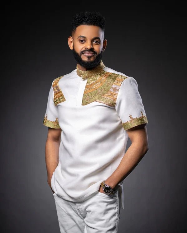 Elegant Ethiopian Men’s Shirt | Brown Accent Embroidery Habesha Shirt - EthGebya
