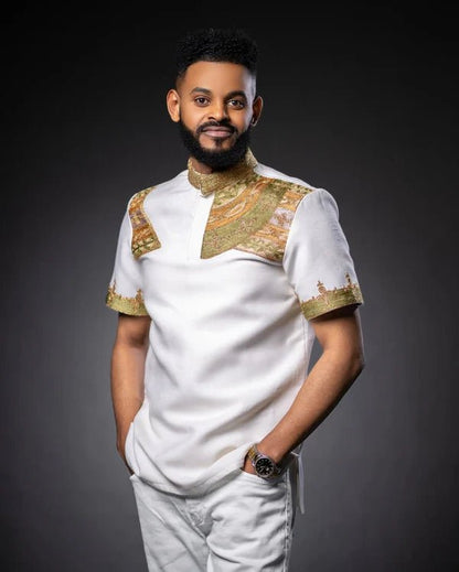 Elegant Ethiopian Men’s Shirt | Brown Accent Embroidery Habesha Shirt - EthGebya
