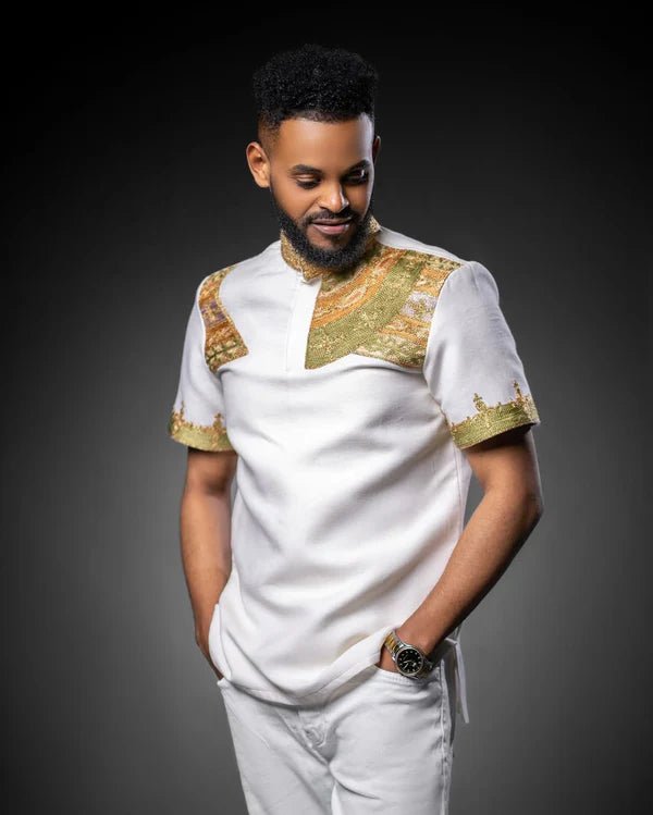 Elegant Ethiopian Men’s Shirt | Brown Accent Embroidery Habesha Shirt - EthGebya