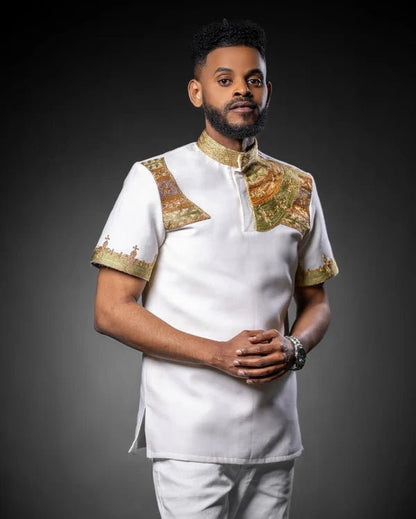 Elegant Ethiopian Men’s Shirt | Brown Accent Embroidery Habesha Shirt - EthGebya