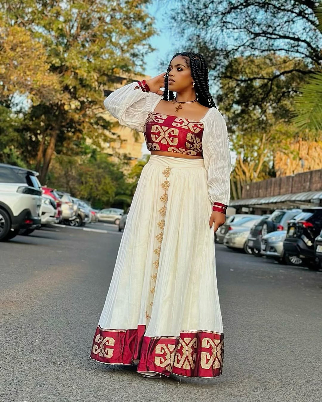 Red Crop Top & Skirt Habesha Dress | Bold Modern Ethiopian Kemis