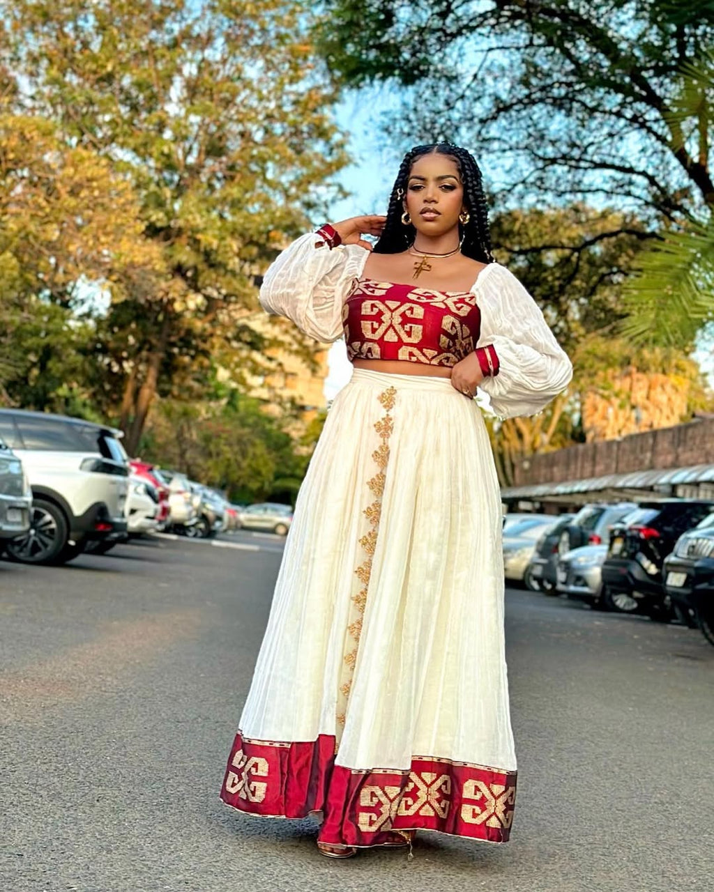 Red Crop Top & Skirt Habesha Dress | Bold Modern Ethiopian Kemis