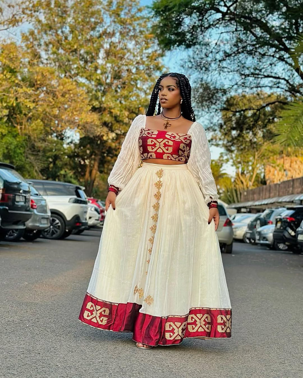 Red Crop Top & Skirt Habesha Dress | Bold Modern Ethiopian Kemis