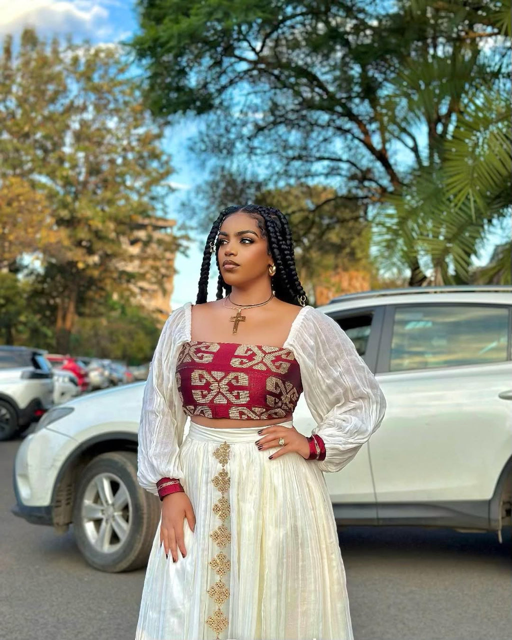 Red Crop Top & Skirt Habesha Dress | Bold Modern Ethiopian Kemis