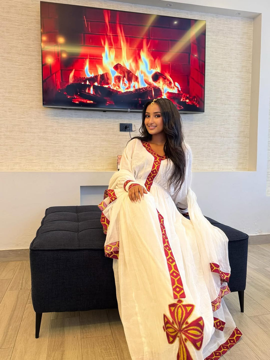 Handmade Red Tilet Zuria Habesha Kemis | Elegant Modern Ethiopian Dress