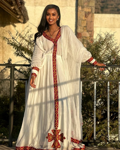 Handmade Red Tilet Zuria Habesha Kemis | Elegant Modern Ethiopian Dress
