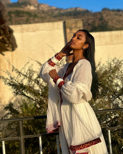 Handmade Red Tilet Zuria Habesha Kemis | Elegant Modern Ethiopian Dress