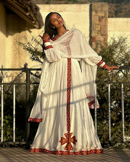 Handmade Red Tilet Zuria Habesha Kemis | Elegant Modern Ethiopian Dress