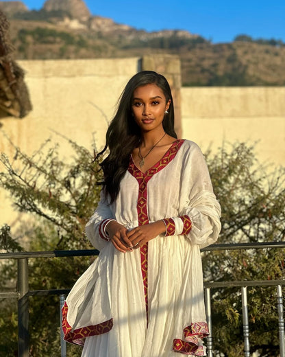 Handmade Red Tilet Zuria Habesha Kemis | Elegant Modern Ethiopian Dress