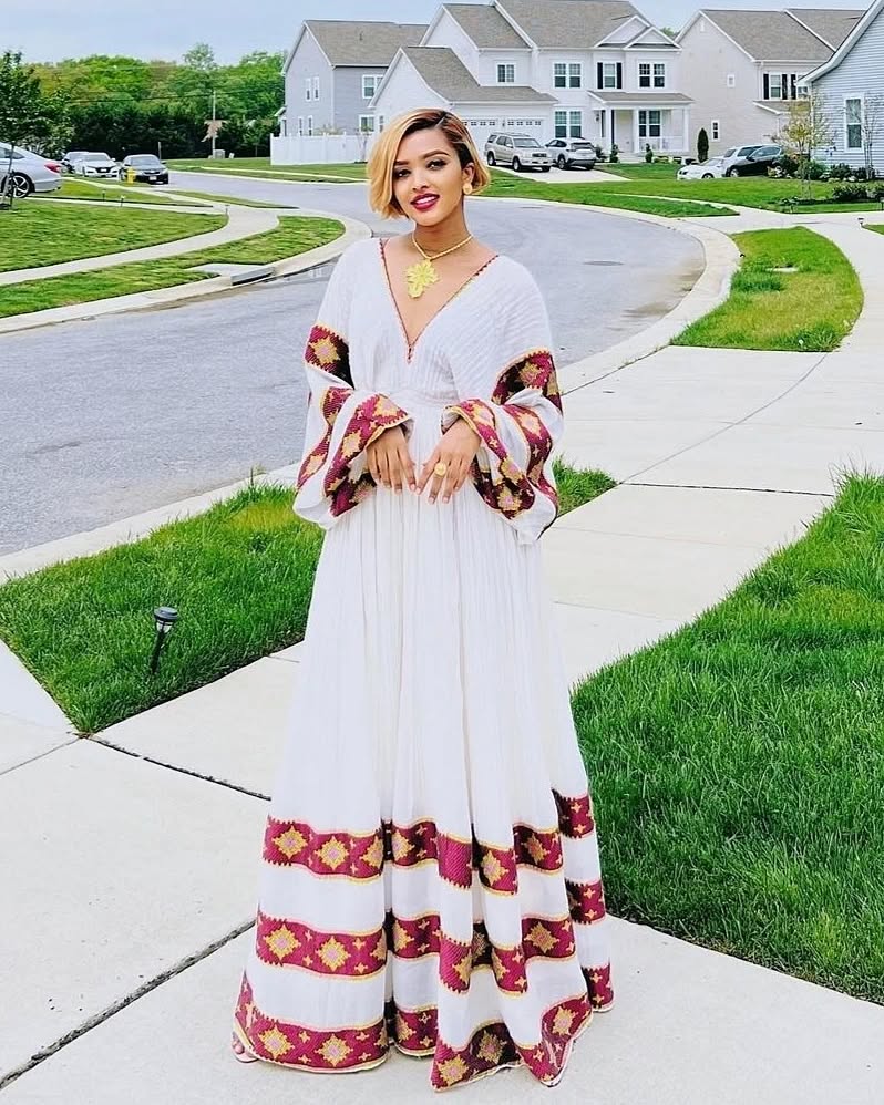 Burgundy Menen Zuria Habesha Kemis | Ethiopian Eritrean Dress