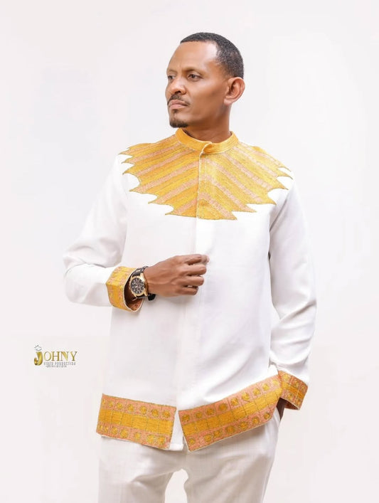 Man wearing a white outfit with yellow accents on a white background Gold Habesha Men’s Shirt New Modern Ethiopian Traditional Wear ethgebya gebeya usa habesha men