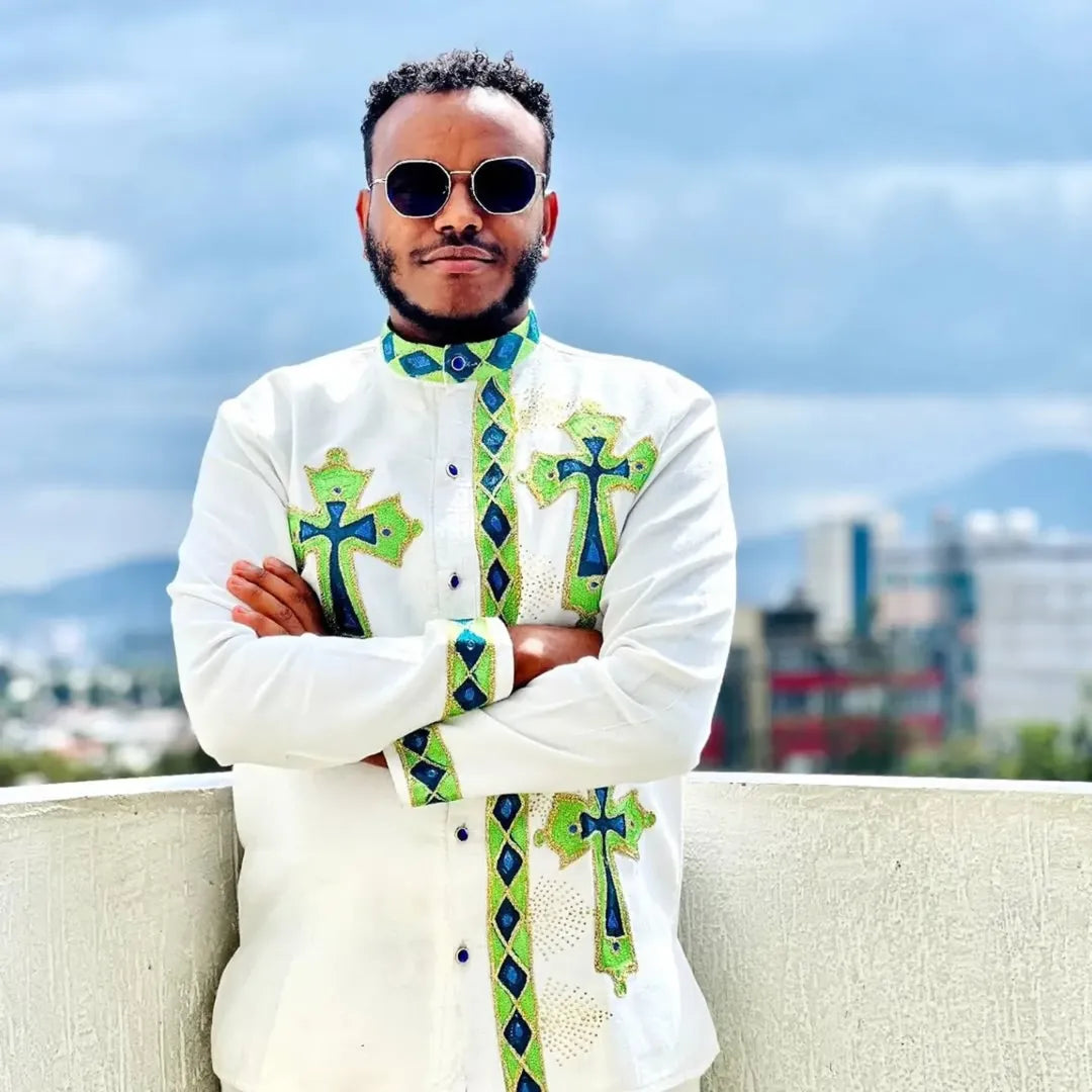 Green Habesha Men’s Shirt | Modern Ethiopian Traditional Wear