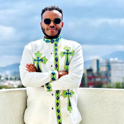 Green Habesha Men’s Shirt | Modern Ethiopian Traditional Wear