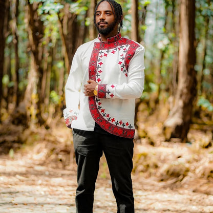 Red Luxury Habesha Men’s Shirt | Modern Ethiopian Traditional Wear