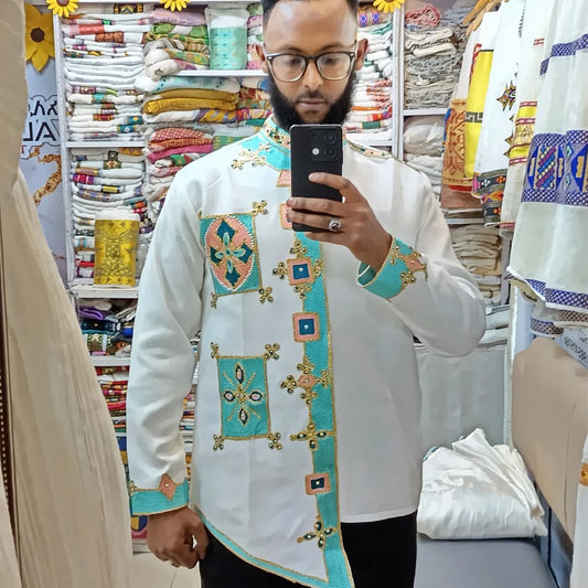 Light Green Habesha Men’s Shirt | Modern Ethiopian Traditional Wear
