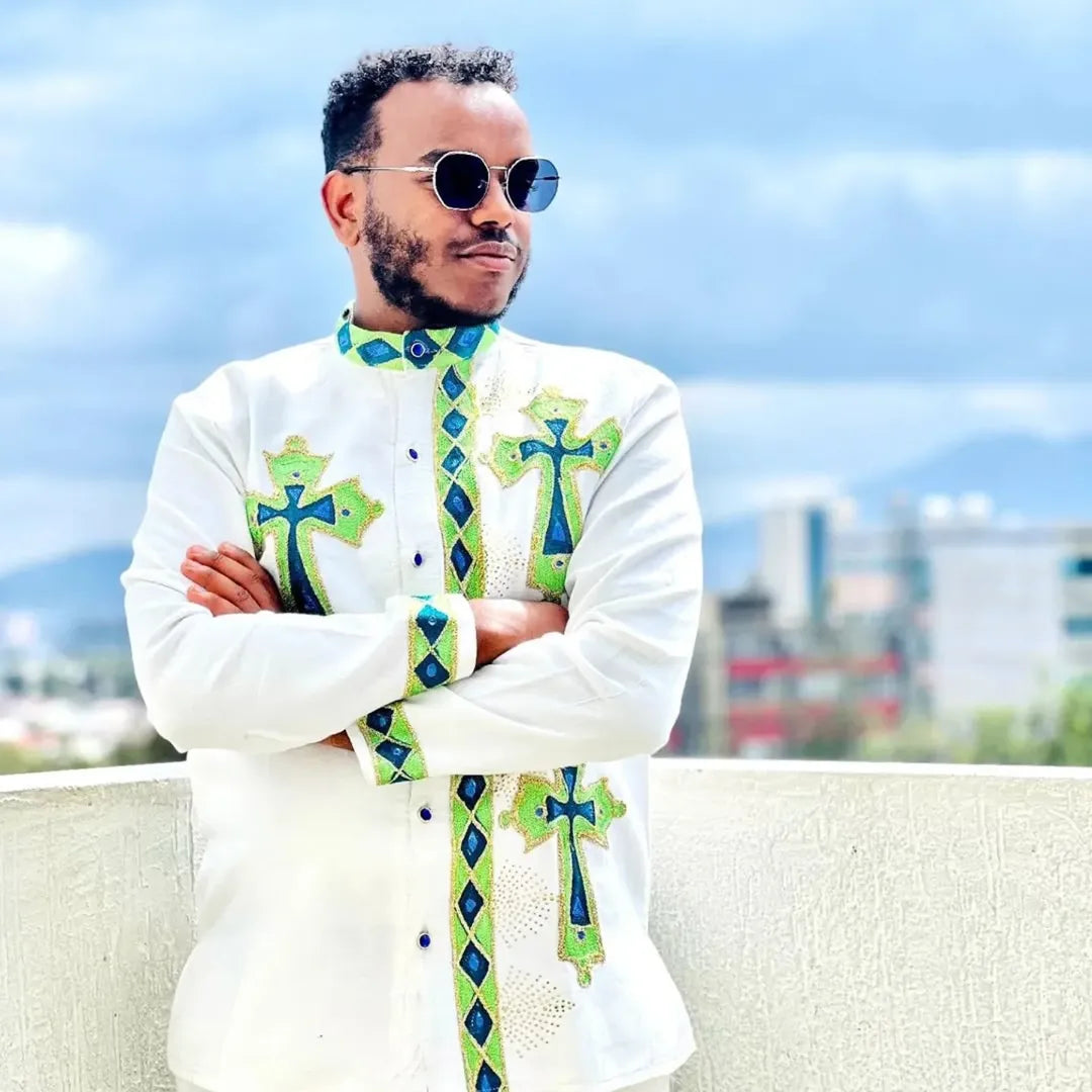 Green Habesha Men’s Shirt | Modern Ethiopian Traditional Wear