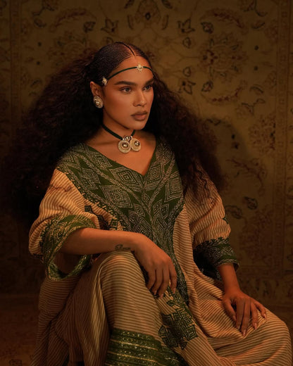 Green Organic Cotton Habesha Kemis | Handwoven Saba Design Dress