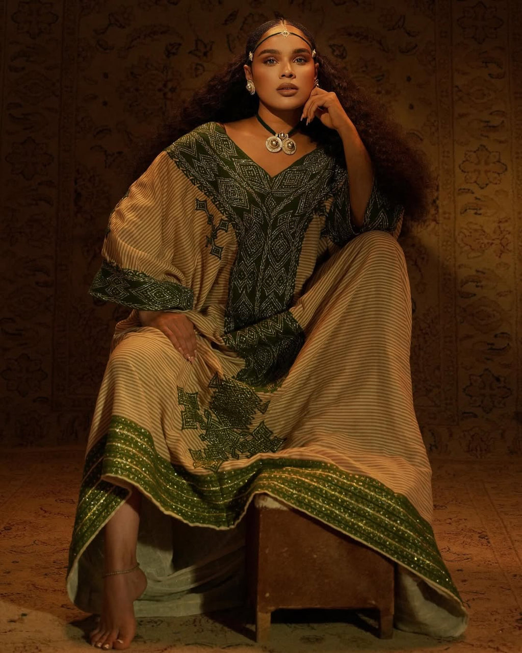 Green Organic Cotton Habesha Kemis | Handwoven Saba Design Dress
