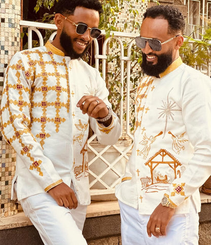 Modern Gold Habesha Men’s Shirt | Luxury Ethiopian Cultural Wear