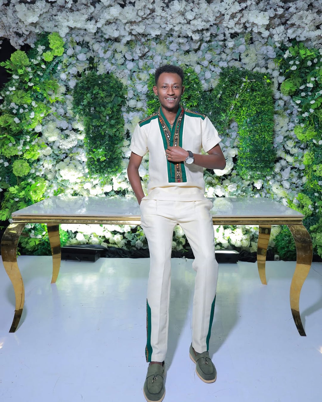Dark Green Luxury Habesha Men’s Shirt | Ethiopian Cultural Wear