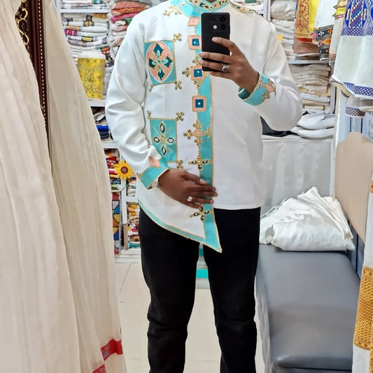 Light Green Habesha Men’s Shirt | Modern Ethiopian Traditional Wear