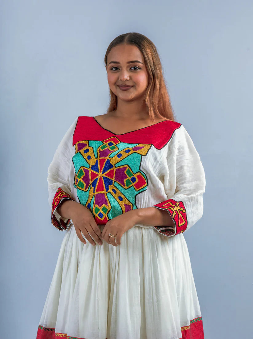 Red & Multicolor Geometric Tibeb Habesha Dress | Elegant Ethiopian Kemis