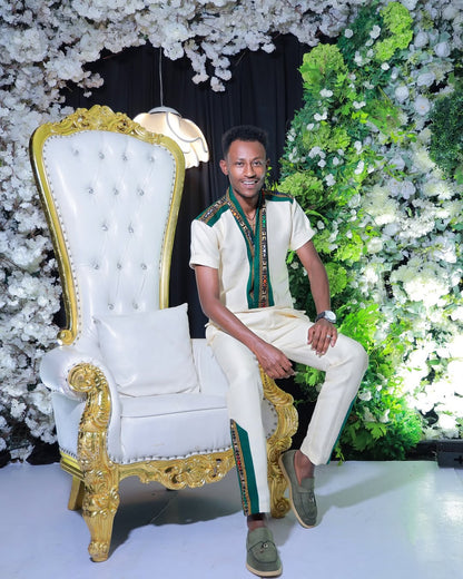 Dark Green Luxury Habesha Men’s Shirt | Ethiopian Cultural Wear